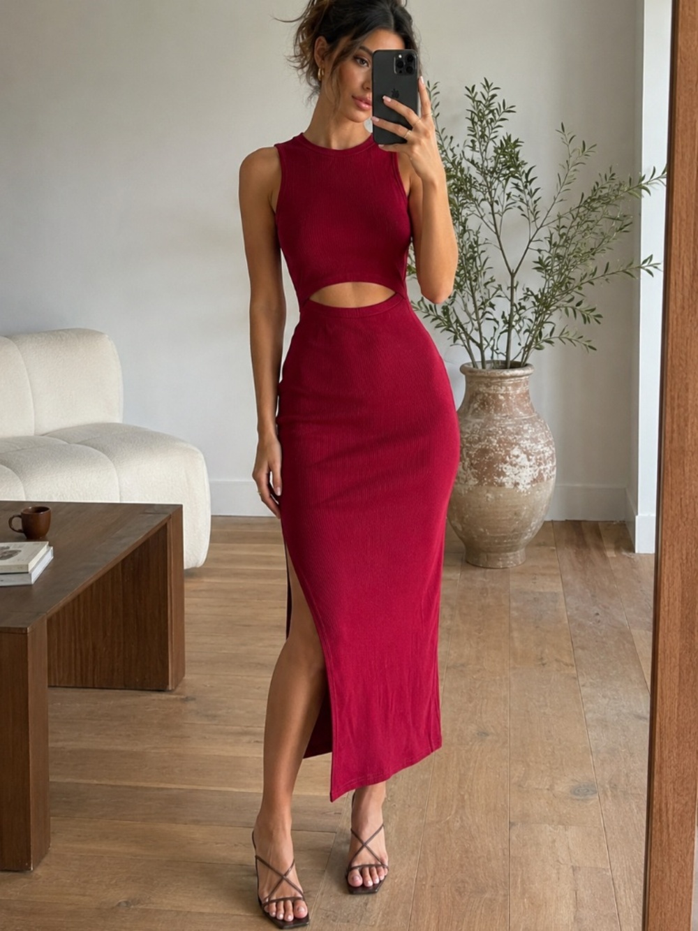 ribbed berry red cutout midi dress sleeveless bodycon side slit side m